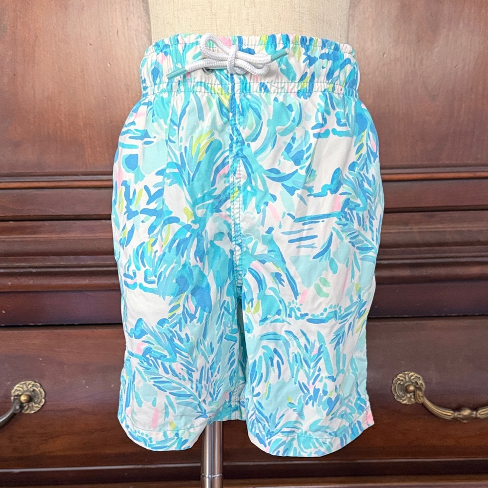 Lilly Pulitzer Boys Tropical Swim Trunks 4-5 Blue Resort Print